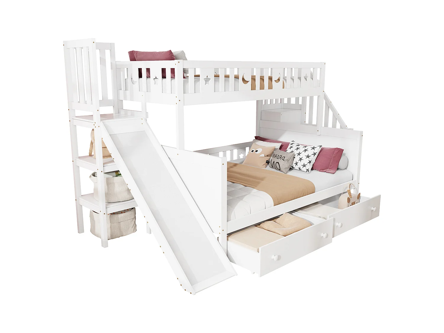 Lit superposés enfant90 x 200 cm + 140 x 200 cm - avec toboggan + escalier de rangement + 2 tiroirs - bois - blanc