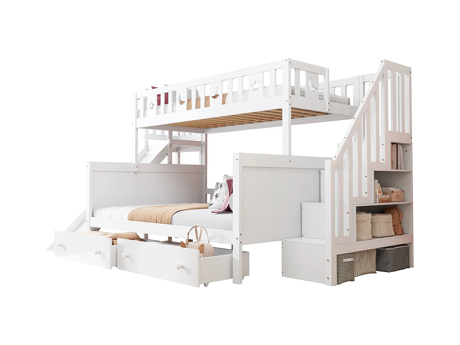 Lit superposés enfant90 x 200 cm + 140 x 200 cm - avec toboggan + escalier de rangement + 2 tiroirs - bois - blanc