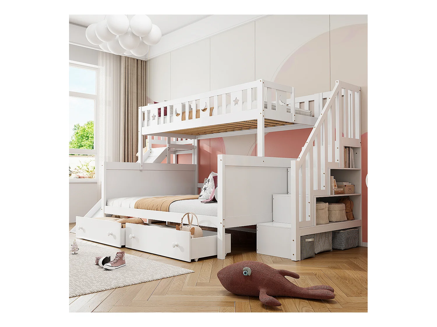 Lit superposés enfant90 x 200 cm + 140 x 200 cm - avec toboggan + escalier de rangement + 2 tiroirs - bois - blanc