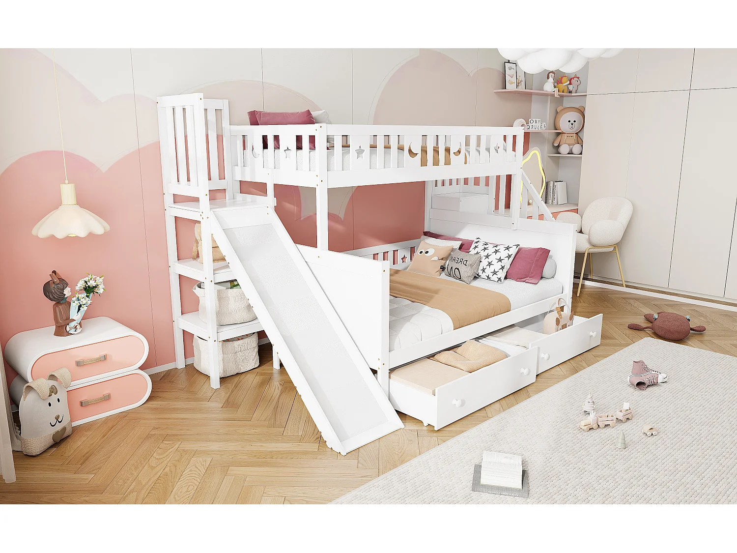 Lit superposés enfant90 x 200 cm + 140 x 200 cm - avec toboggan + escalier de rangement + 2 tiroirs - bois - blanc