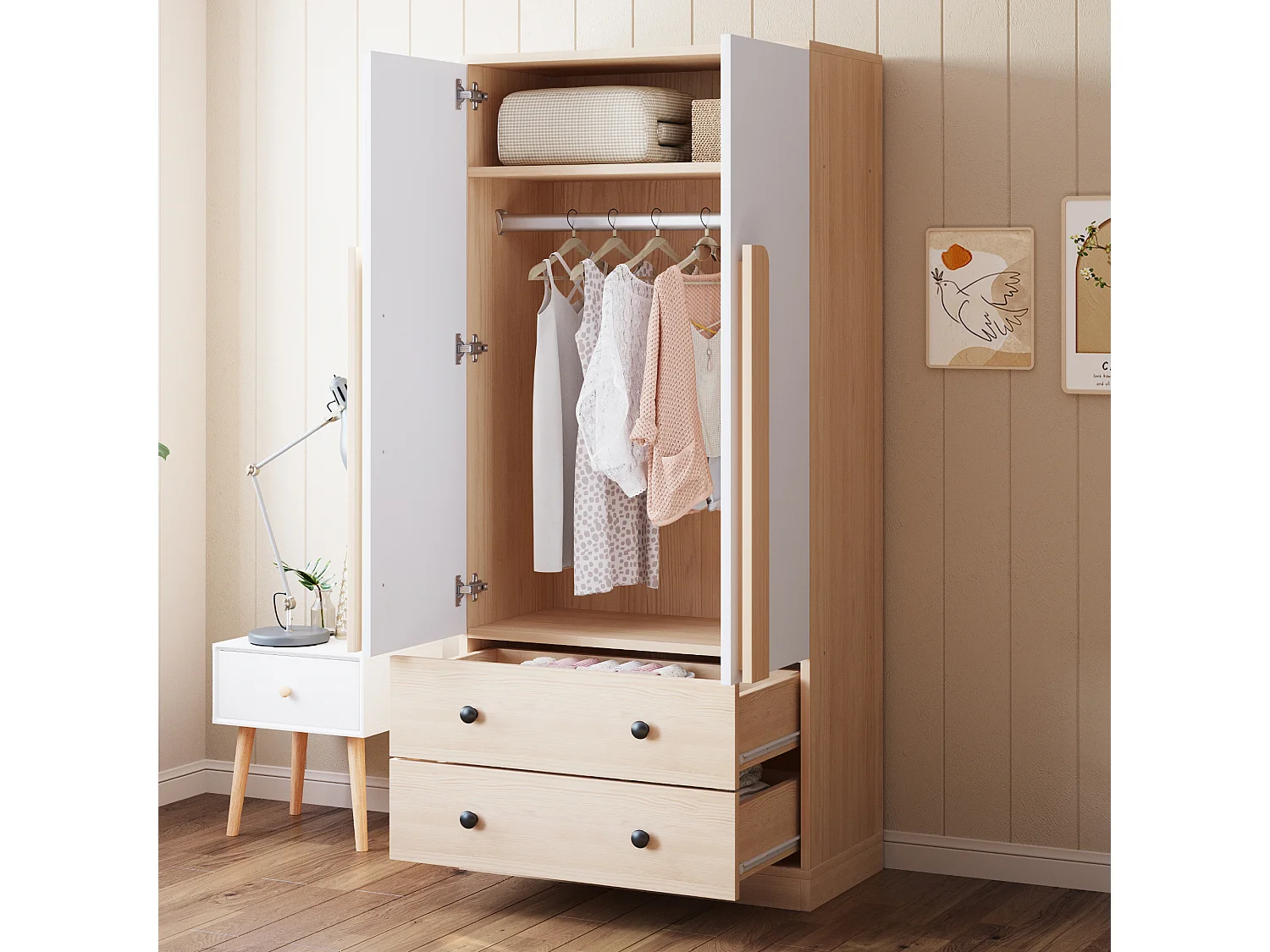 Armoire à 2 portes avec 2 tiroirs - 70 x 40 x 170 cm - bois + contreplaqué + MDF + métal - naturel