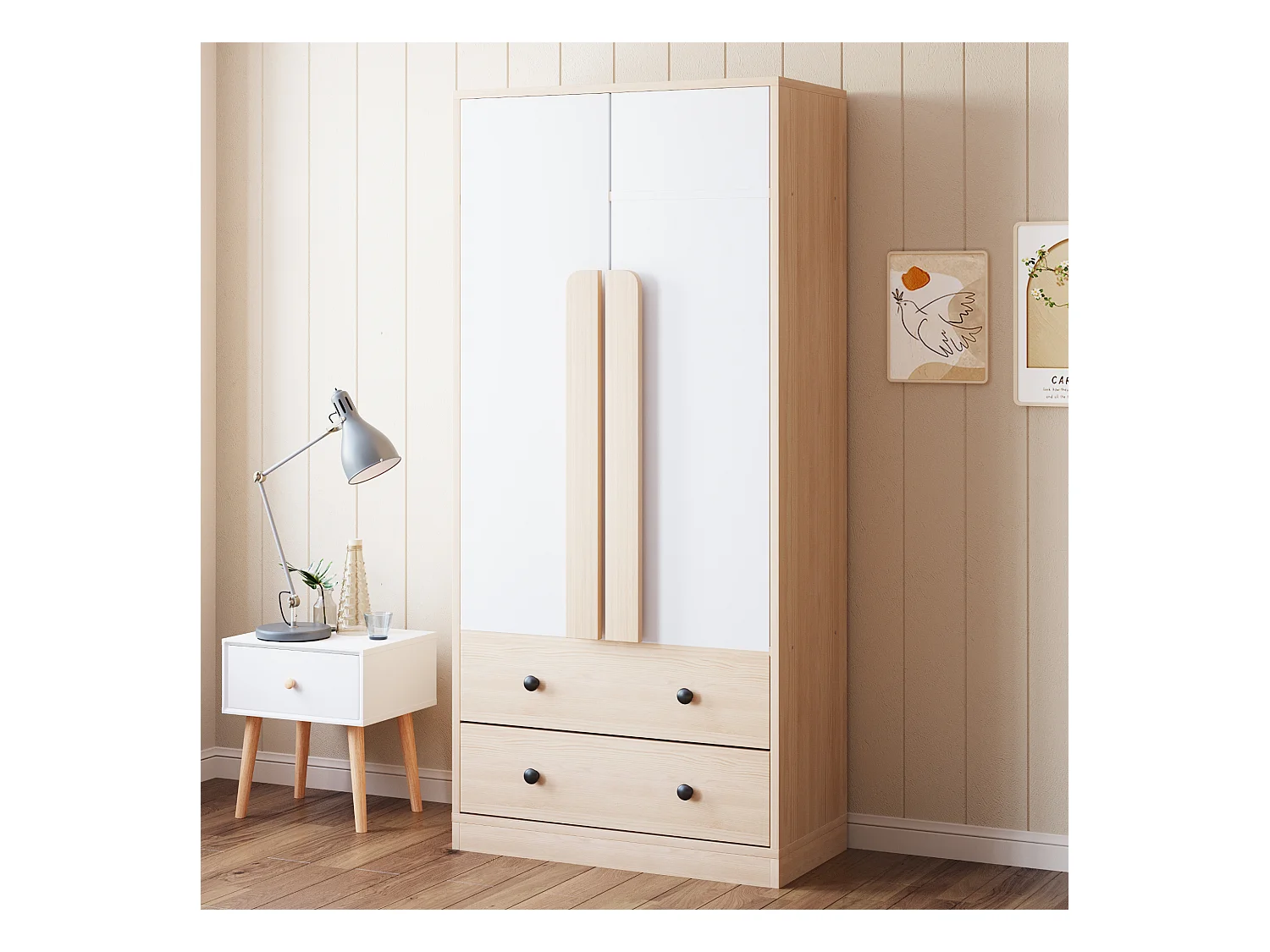 Armoire à 2 portes avec 2 tiroirs - 70 x 40 x 170 cm - bois + contreplaqué + MDF + métal - naturel