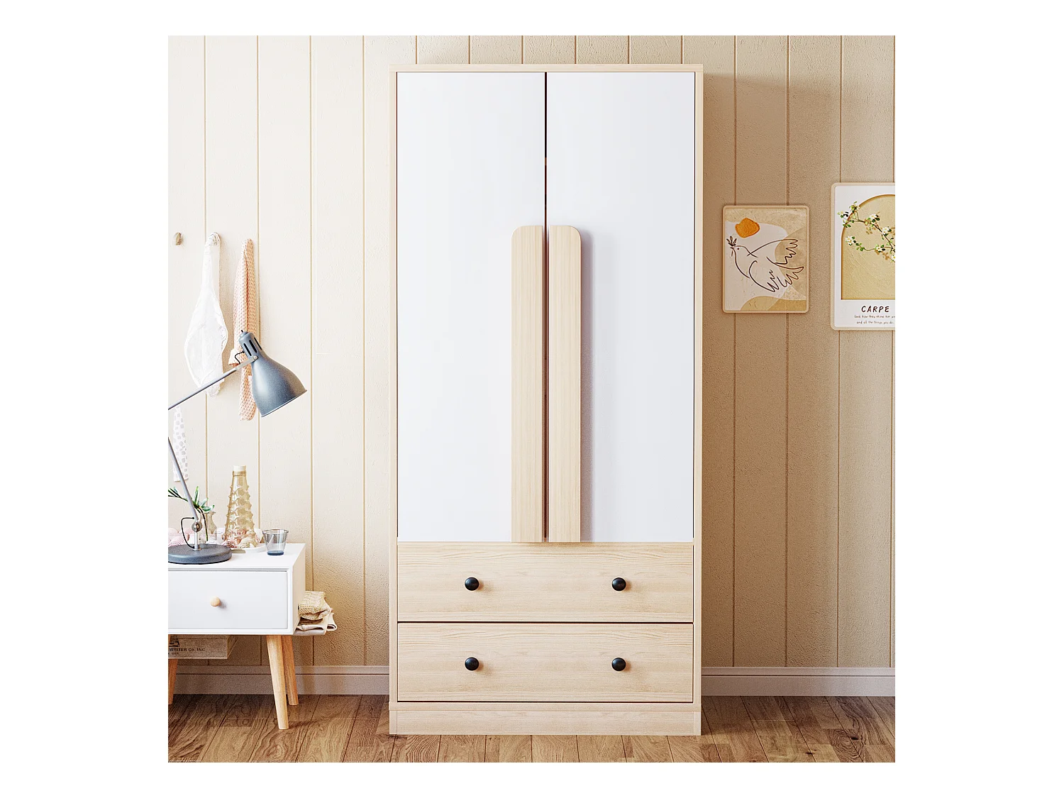 Armoire à 2 portes avec 2 tiroirs - 70 x 40 x 170 cm - bois + contreplaqué + MDF + métal - naturel