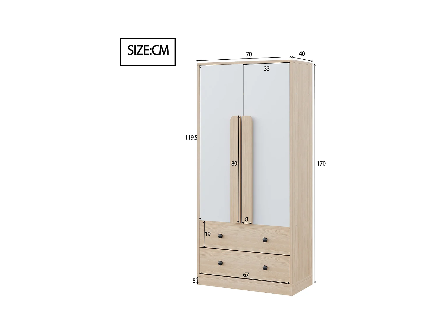 Armoire à 2 portes avec 2 tiroirs - 70 x 40 x 170 cm - bois + contreplaqué + MDF + métal - naturel