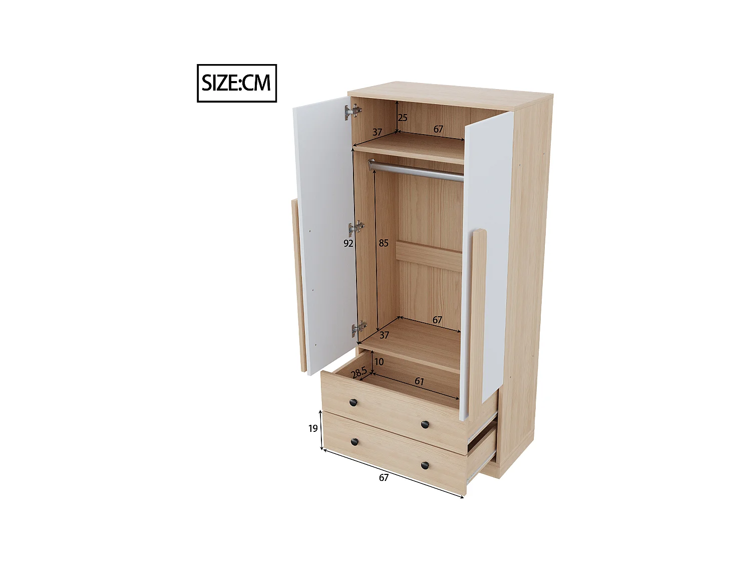 Armoire à 2 portes avec 2 tiroirs - 70 x 40 x 170 cm - bois + contreplaqué + MDF + métal - naturel