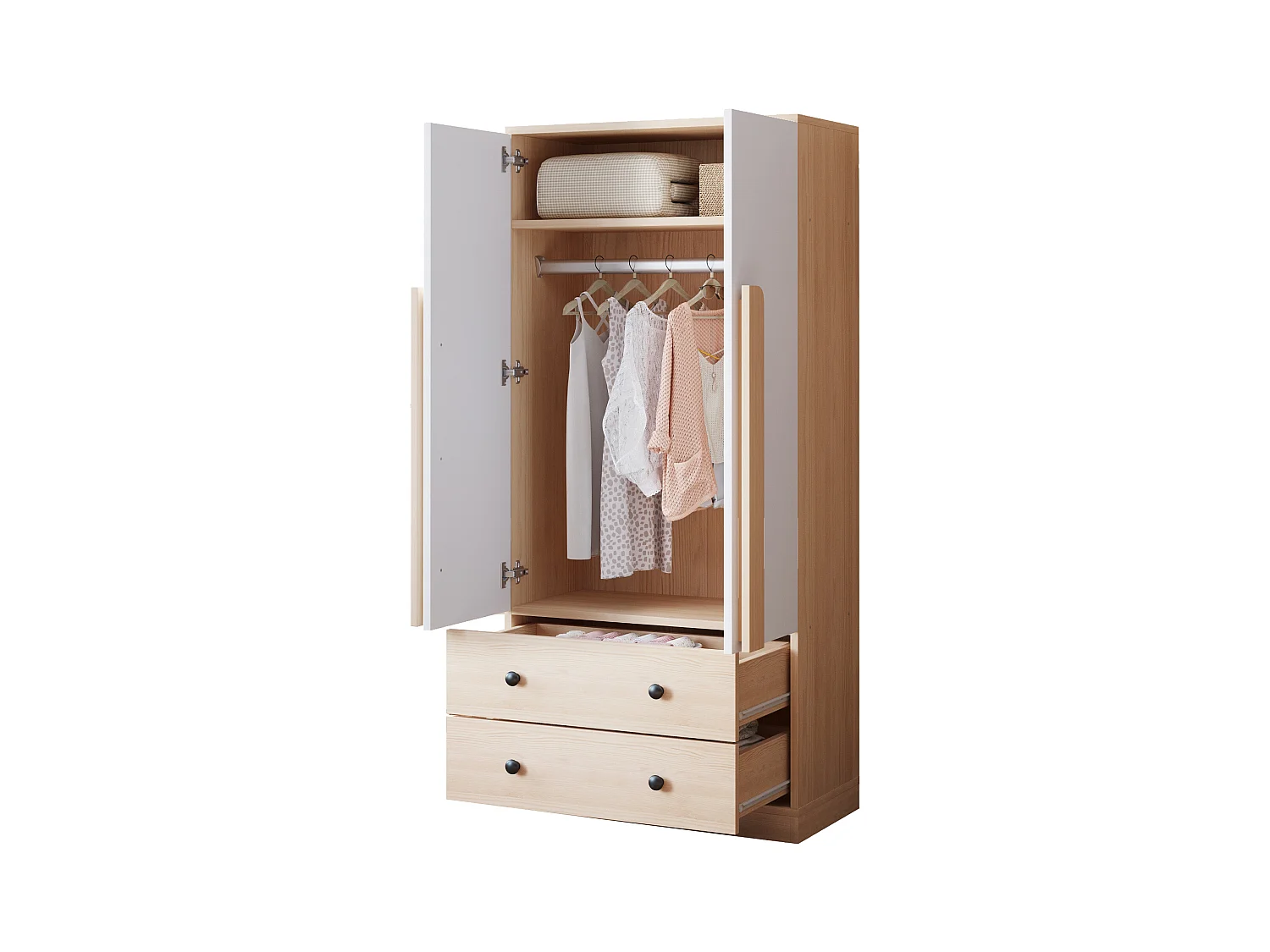 Armoire à 2 portes avec 2 tiroirs - 70 x 40 x 170 cm - bois + contreplaqué + MDF + métal - naturel