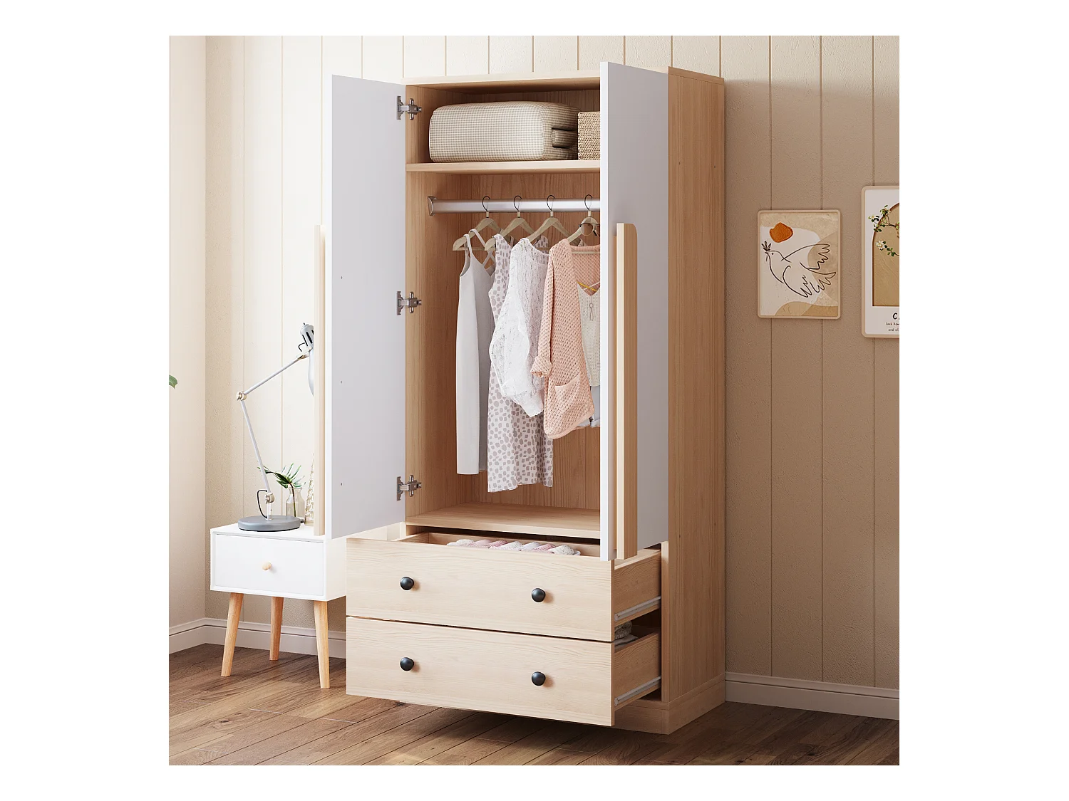 Armoire à 2 portes avec 2 tiroirs - 70 x 40 x 170 cm - bois + contreplaqué + MDF + métal - naturel