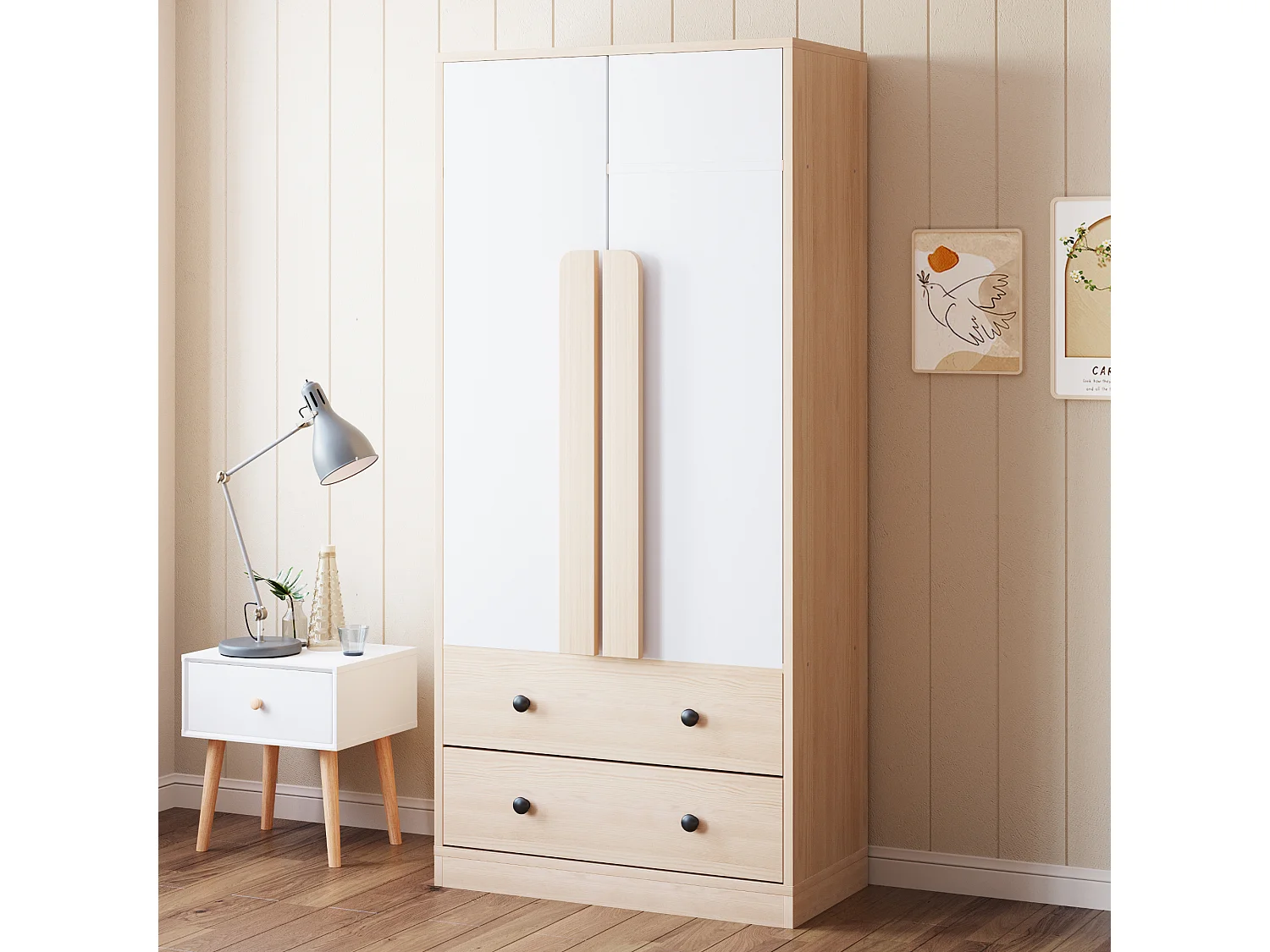 Armoire à 2 portes avec 2 tiroirs - 70 x 40 x 170 cm - bois + contreplaqué + MDF + métal - naturel