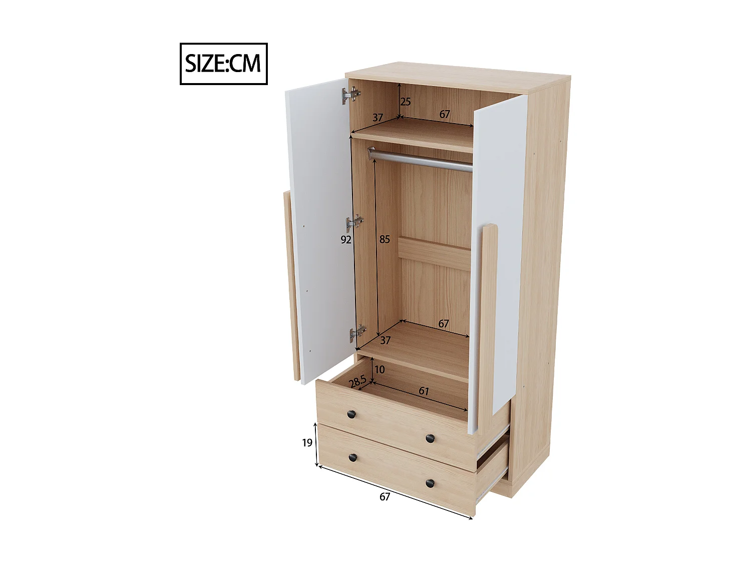 Armoire à 2 portes avec 2 tiroirs - 70 x 40 x 170 cm - bois + contreplaqué + MDF + métal - naturel