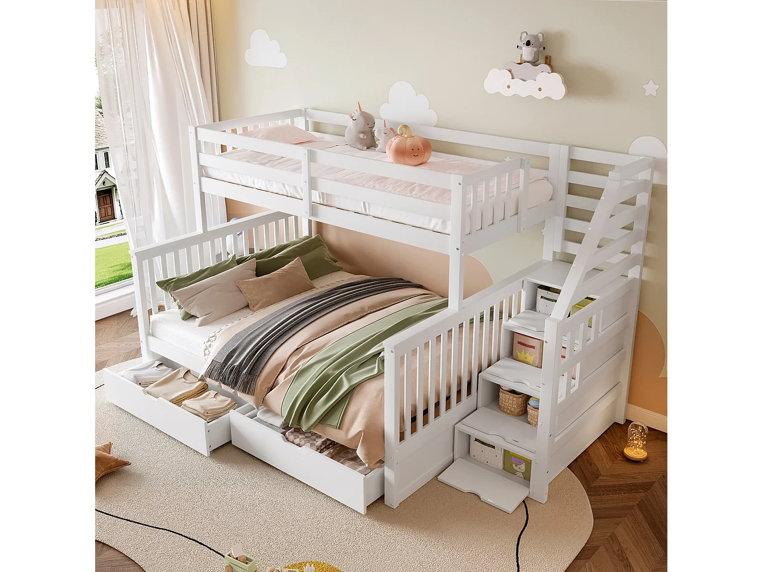 Lit superposés 90 x 200 cm + 140 x 200 cm - avec 2 tiroirs + escalier de rangement - bois - blanc