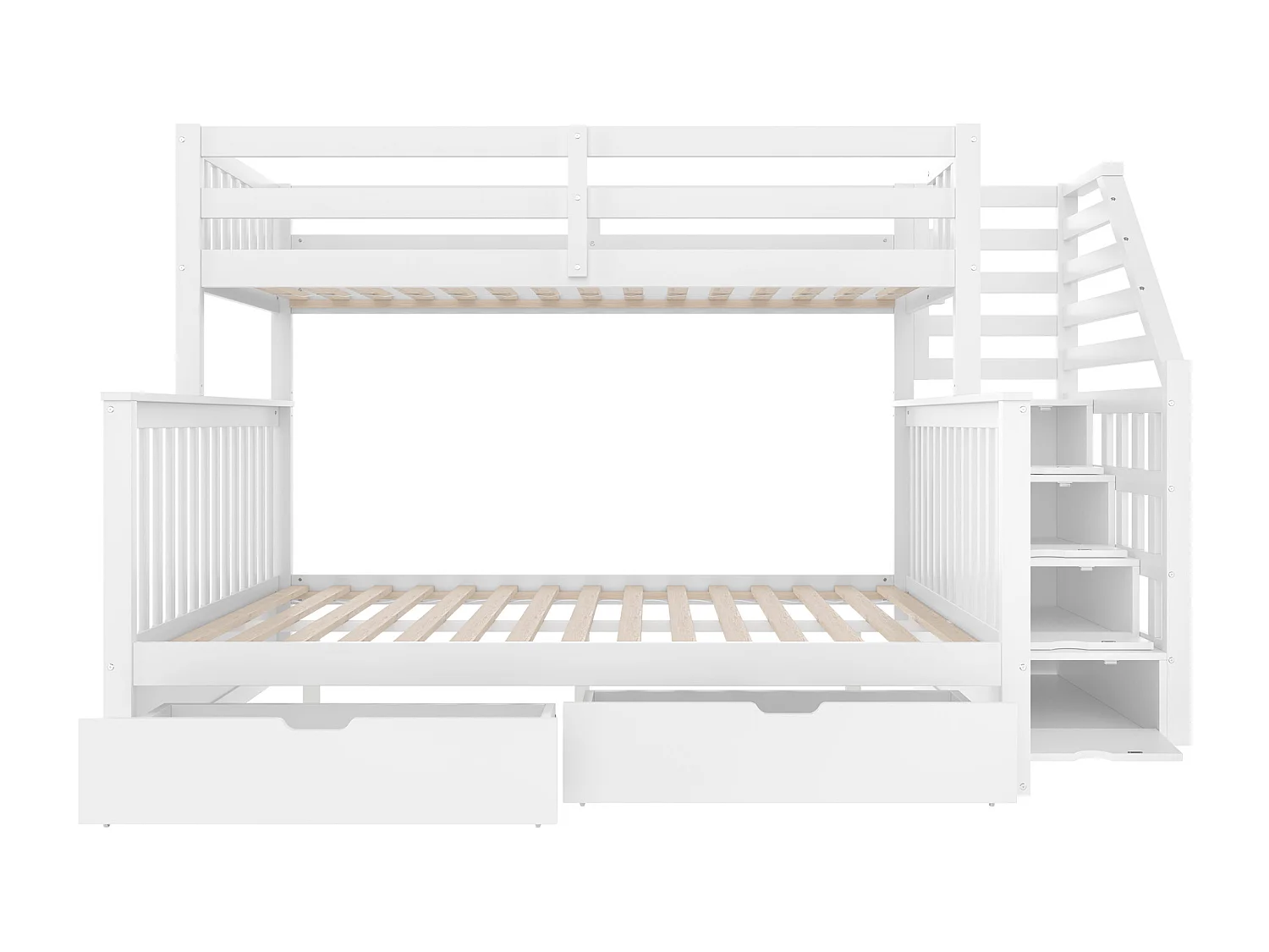 Lit superposés 90 x 200 cm + 140 x 200 cm - avec 2 tiroirs + escalier de rangement - bois - blanc