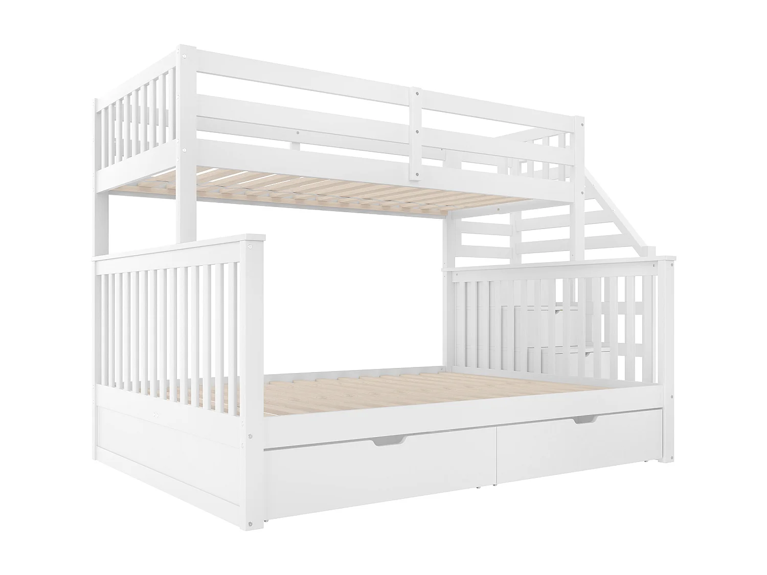 Lit superposés 90 x 200 cm + 140 x 200 cm - avec 2 tiroirs + escalier de rangement - bois - blanc