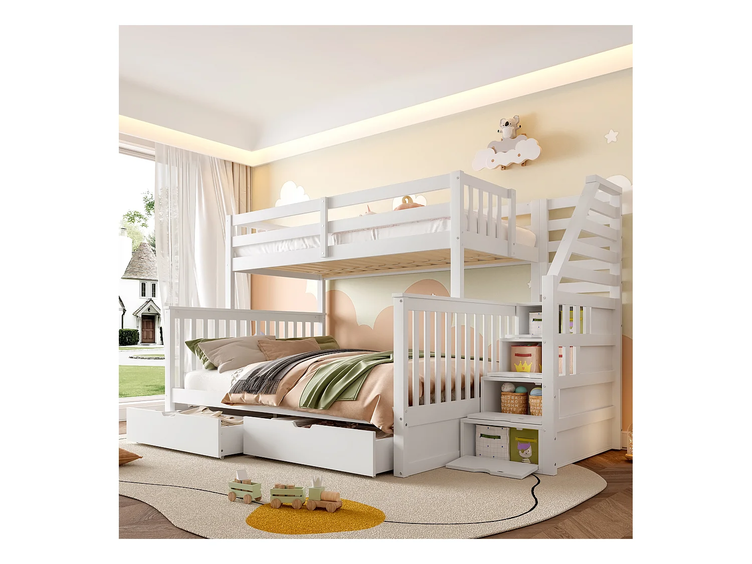 Lit superposés 90 x 200 cm + 140 x 200 cm - avec 2 tiroirs + escalier de rangement - bois - blanc