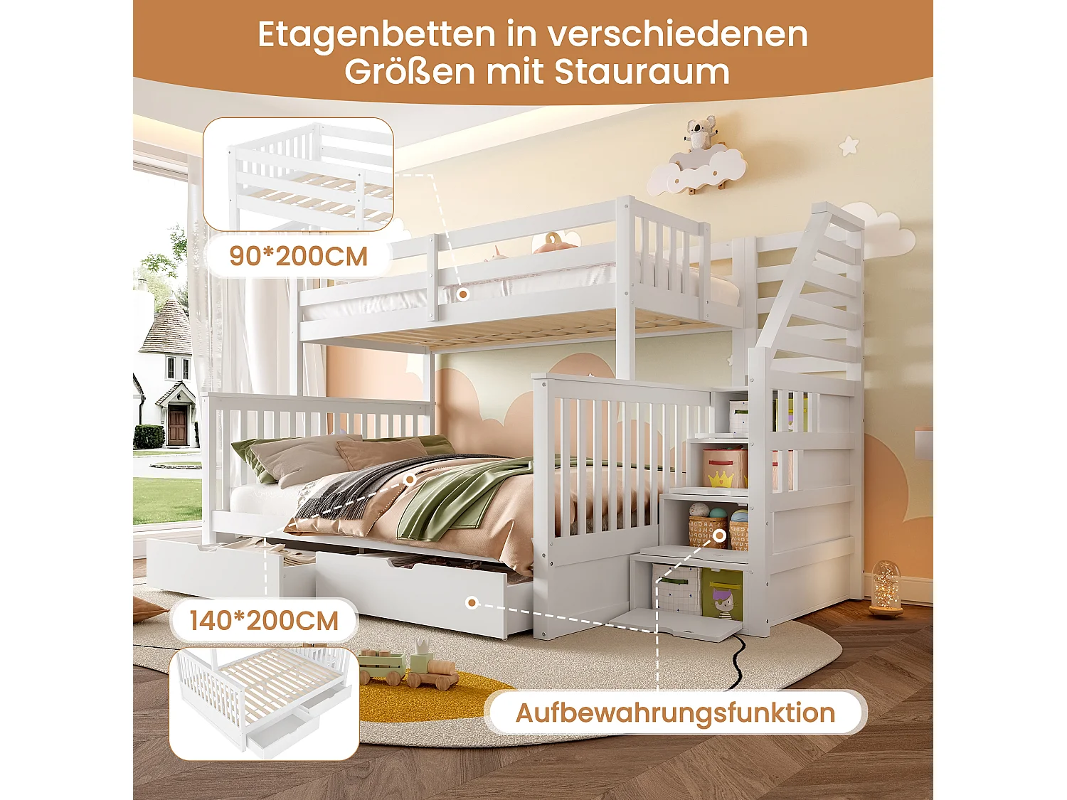 Lit superposés 90 x 200 cm + 140 x 200 cm - avec 2 tiroirs + escalier de rangement - bois - blanc
