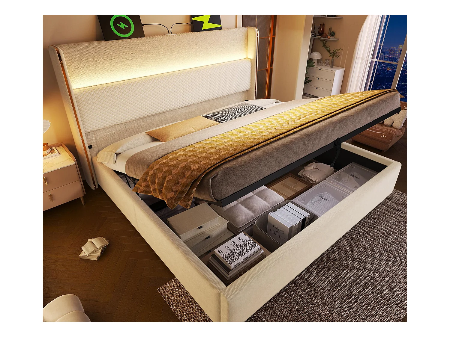 Lit coffre rembourré 140x200cm - avec éclairage LED - avec ports USB et Type-C - tissu en Lin - Beige (sans matelas)