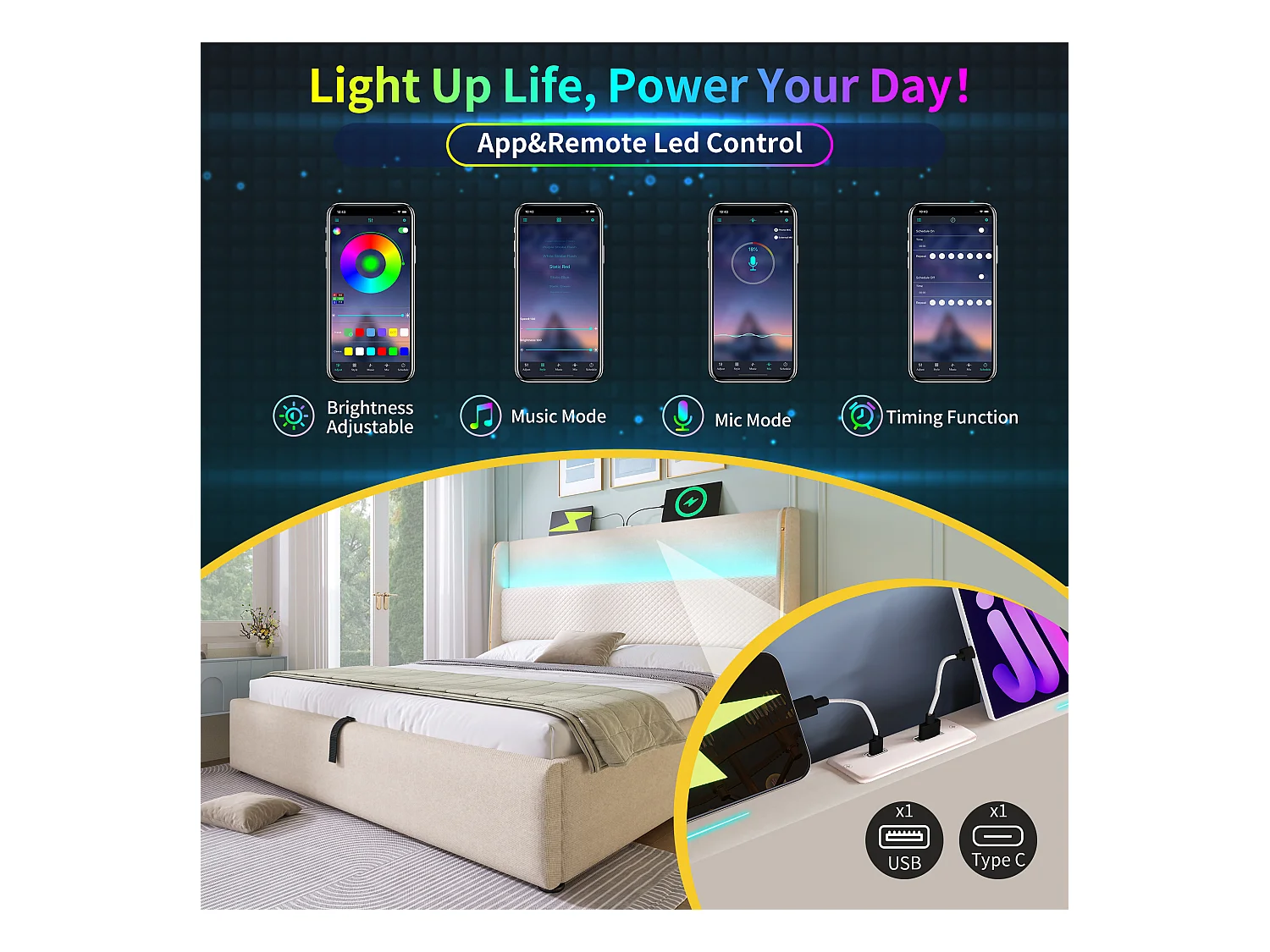 Lit coffre rembourré 140x200cm - avec éclairage LED - avec ports USB et Type-C - tissu en Lin - Beige (sans matelas)