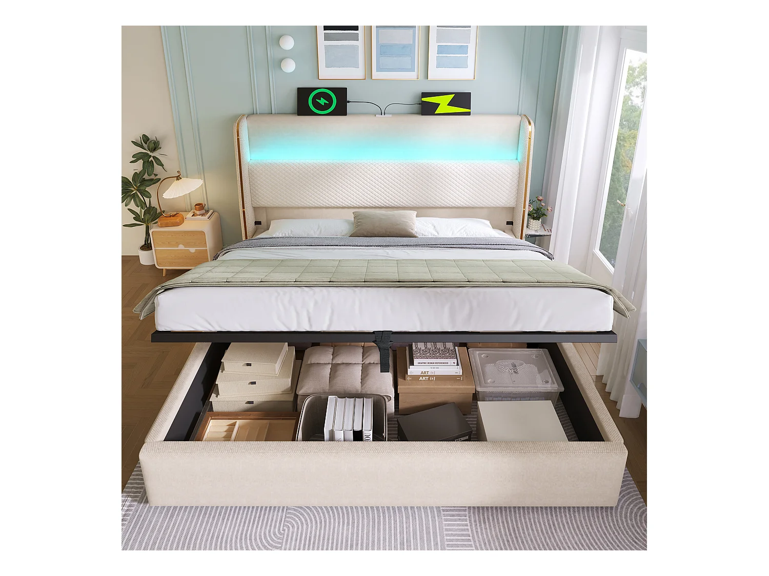 Lit coffre rembourré 140x200cm - avec éclairage LED - avec ports USB et Type-C - tissu en Lin - Beige (sans matelas)