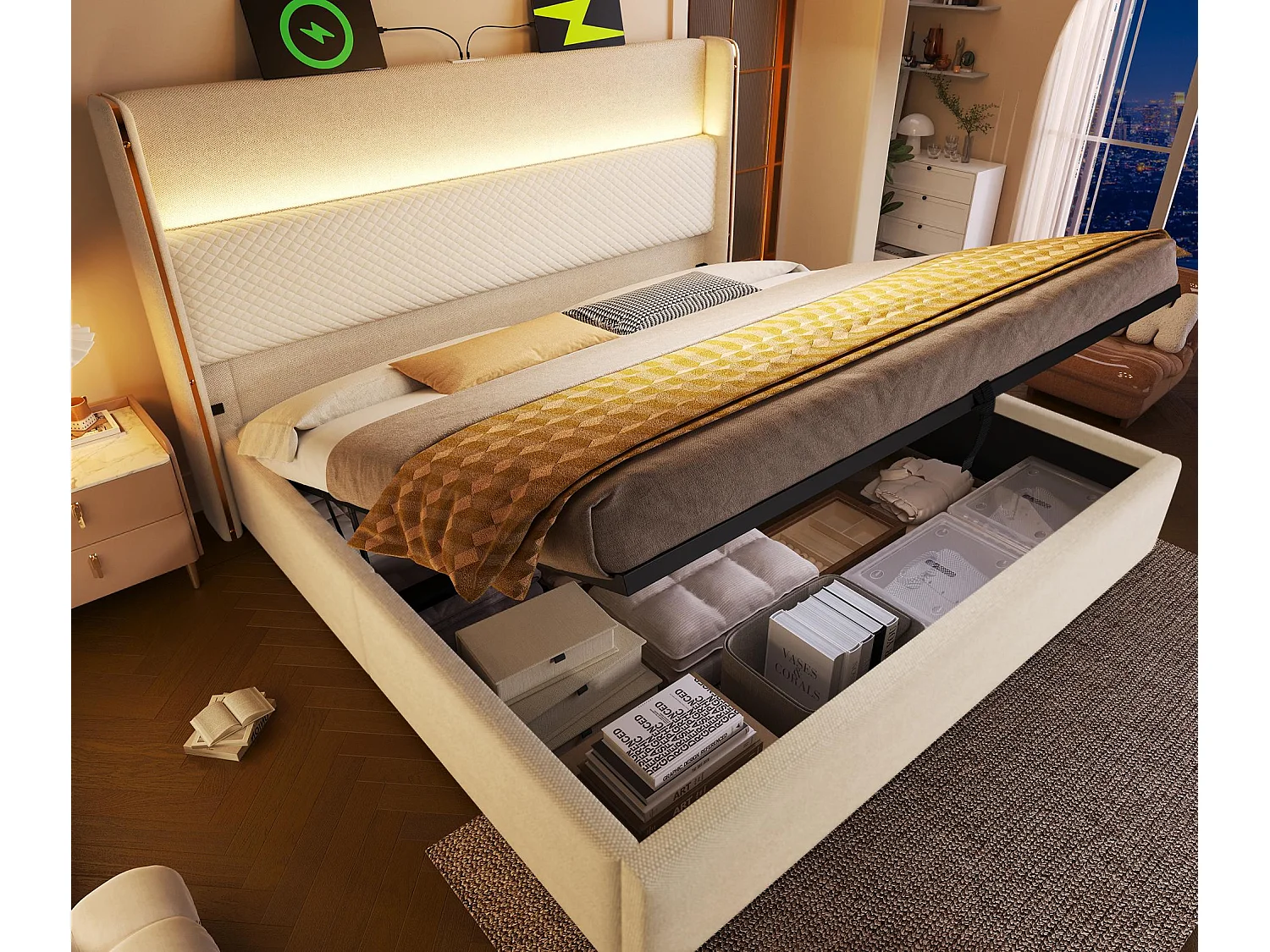 Lit coffre rembourré 140x200cm - avec éclairage LED - avec ports USB et Type-C - tissu en Lin - Beige (sans matelas)