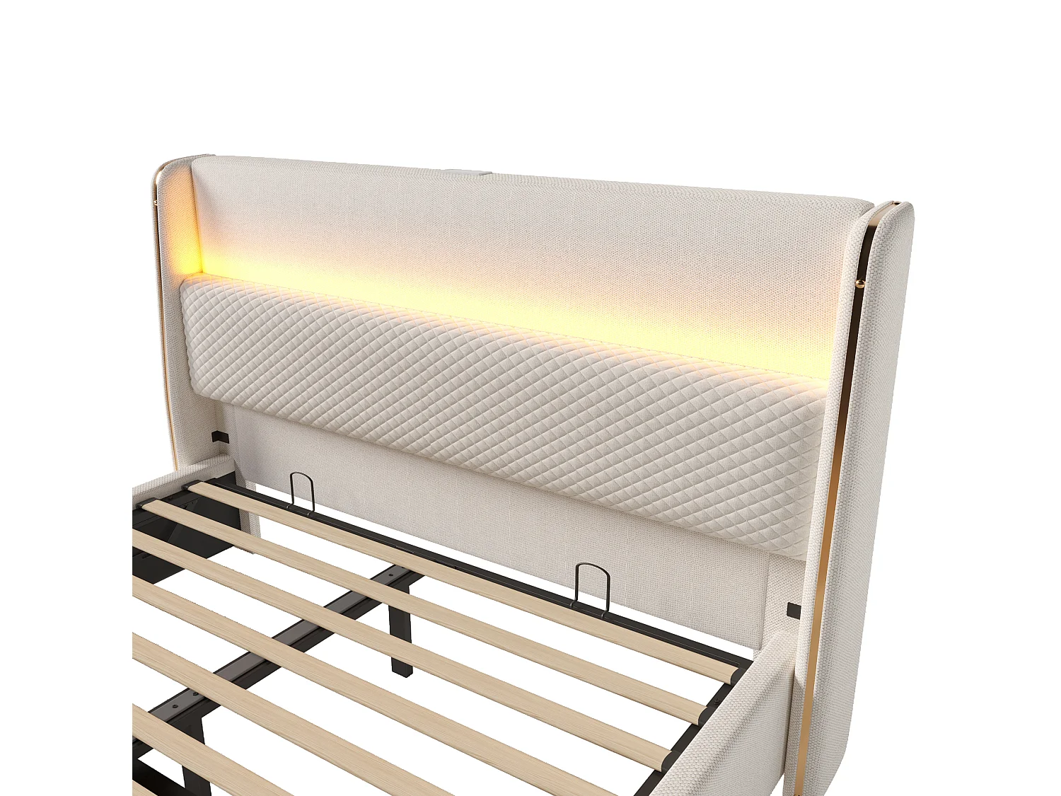 Lit coffre rembourré 140x200cm - avec éclairage LED - avec ports USB et Type-C - tissu en Lin - Beige (sans matelas)