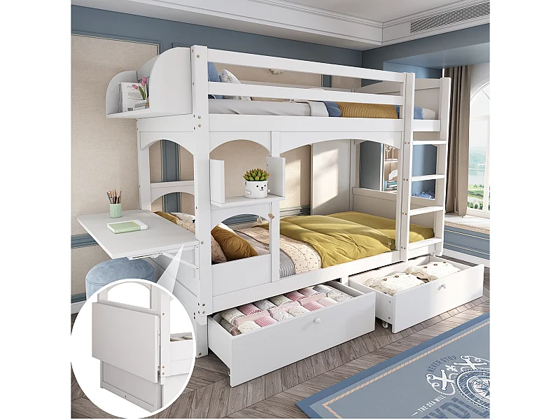 Lits superposés 2 x 90 x 200 cm avec échelle et 2 tiroirs - bureau pliant et étagère - bois massif - blanc