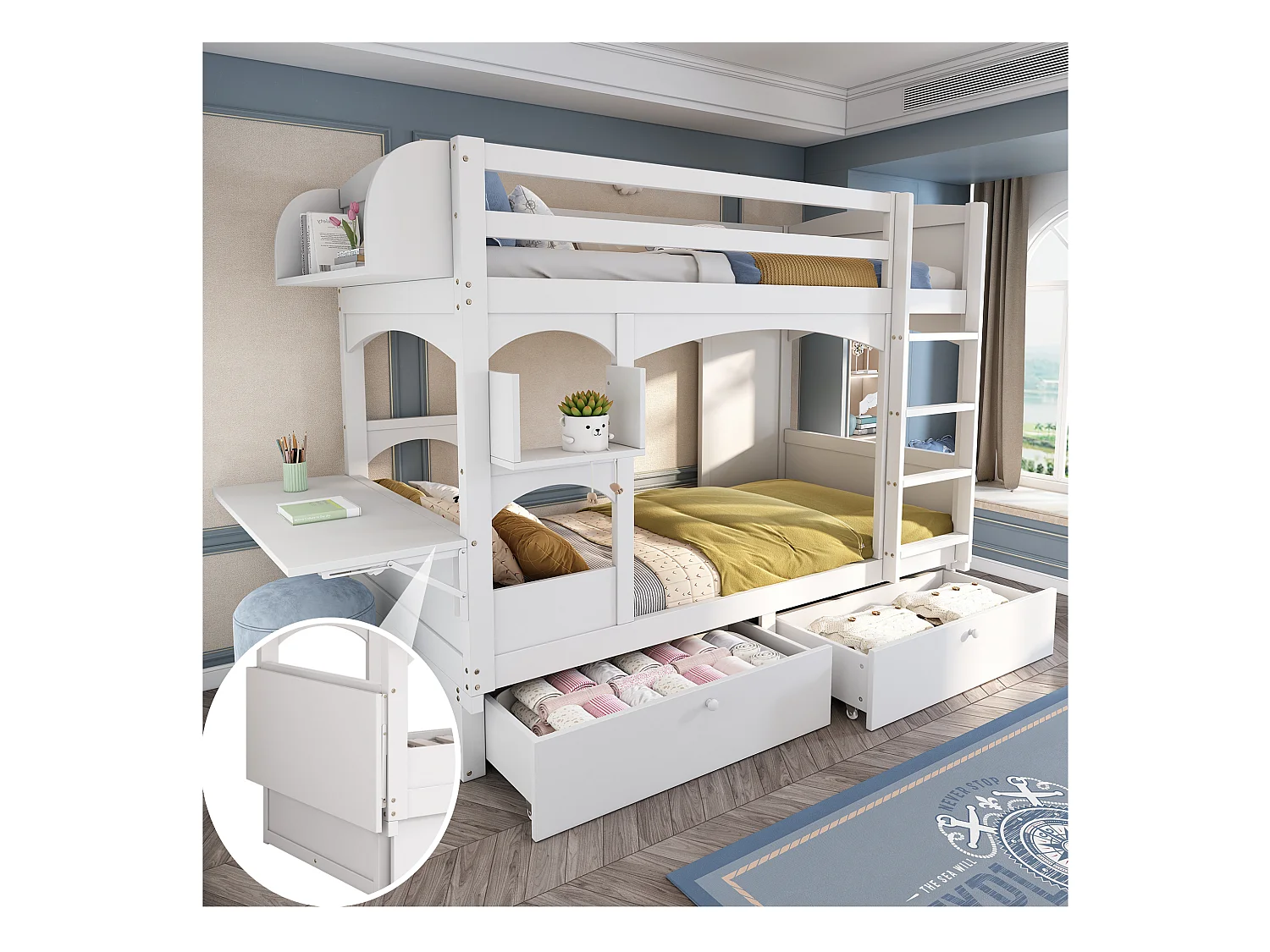 Lits superposés 2 x 90 x 200 cm avec échelle et 2 tiroirs - bureau pliant et étagère - bois massif - blanc