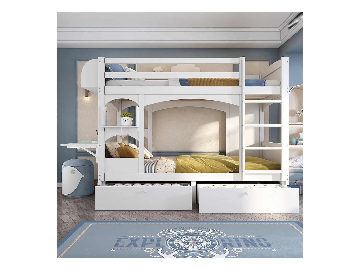 Lits superposés 2 x 90 x 200 cm avec échelle et 2 tiroirs - bureau pliant et étagère - bois massif - blanc