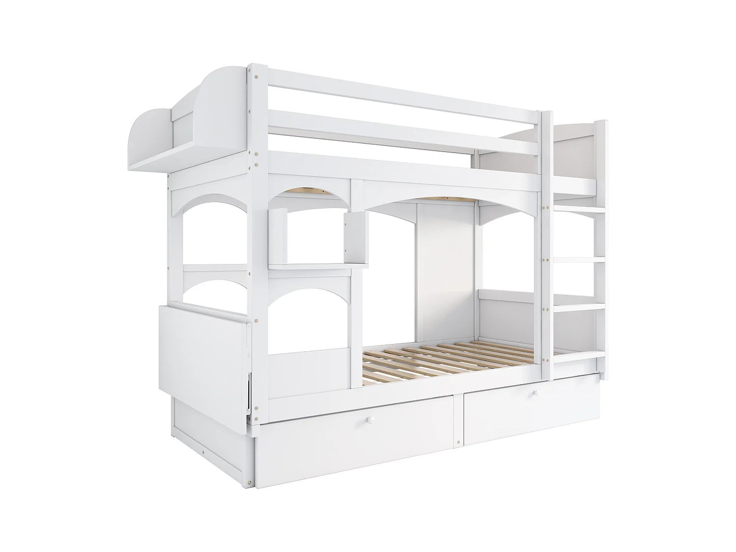 Lits superposés 2 x 90 x 200 cm avec échelle et 2 tiroirs - bureau pliant et étagère - bois massif - blanc