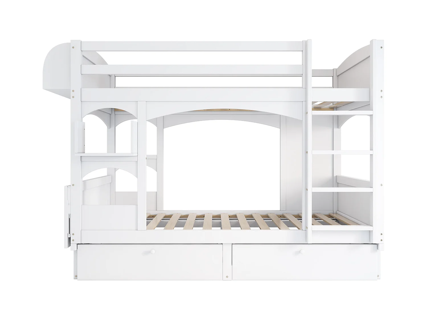 Lits superposés 2 x 90 x 200 cm avec échelle et 2 tiroirs - bureau pliant et étagère - bois massif - blanc