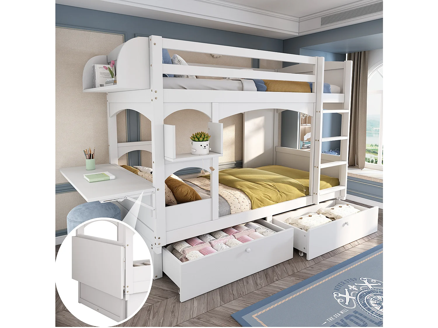 Lits superposés 2 x 90 x 200 cm avec échelle et 2 tiroirs - bureau pliant et étagère - bois massif - blanc