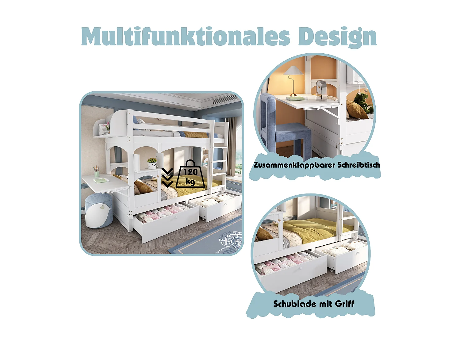 Lits superposés 2 x 90 x 200 cm avec échelle et 2 tiroirs - bureau pliant et étagère - bois massif - blanc