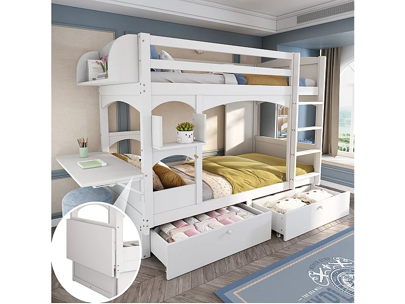 Lits superposés 2 x 90 x 200 cm avec échelle et 2 tiroirs - bureau pliant et étagère - bois massif - blanc