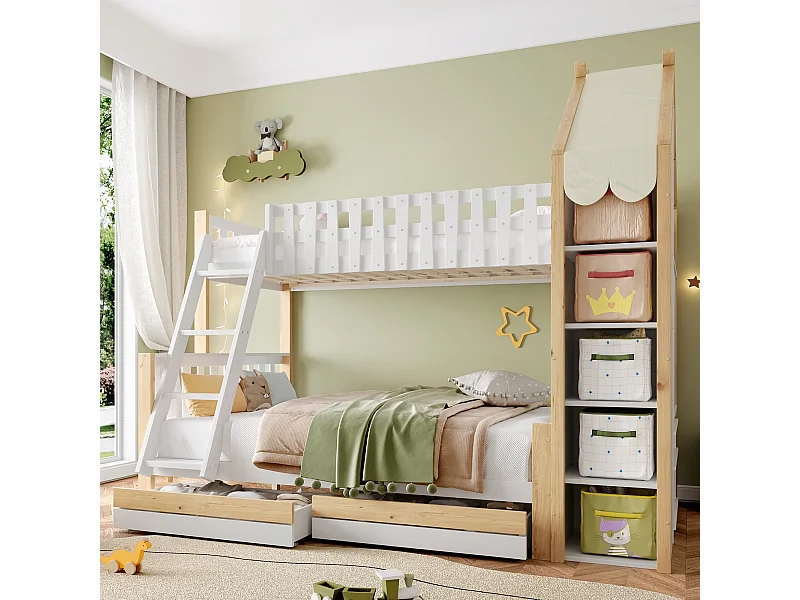 Lit superposés 90 x 200 cm + 140 x 200 cm - avec 2 tiroirs + étagère de rangement - bois - blanc + naturel