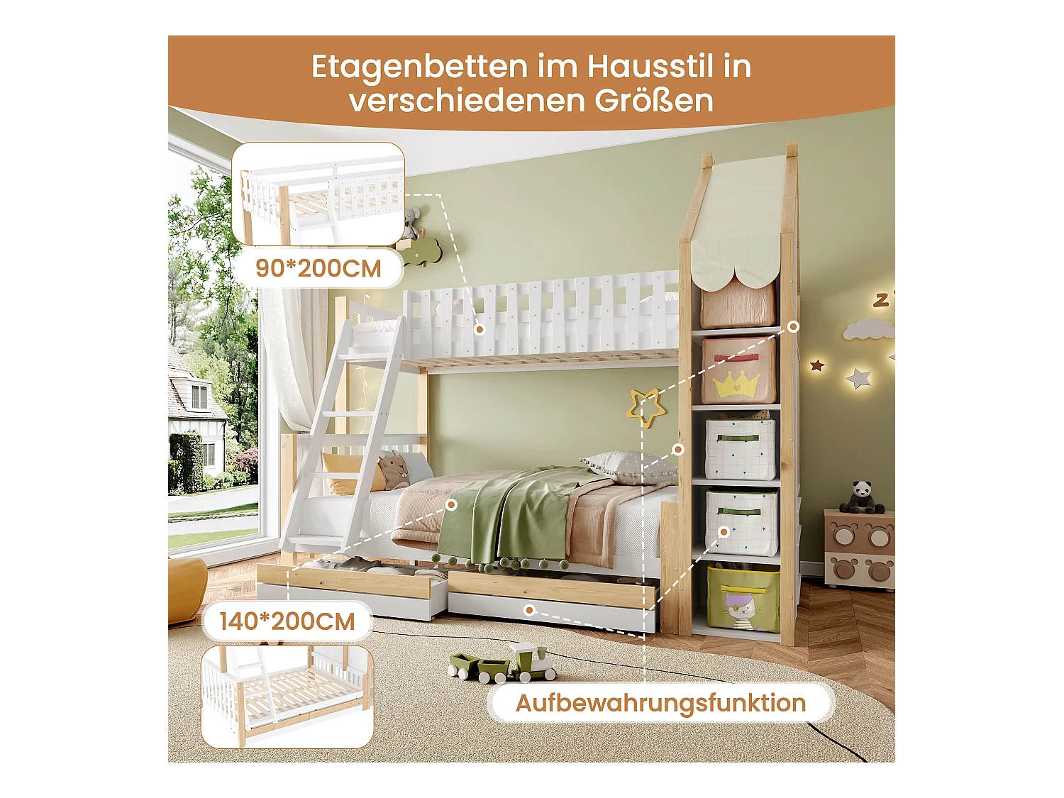 Lit superposés 90 x 200 cm + 140 x 200 cm - avec 2 tiroirs + étagère de rangement - bois - blanc + naturel