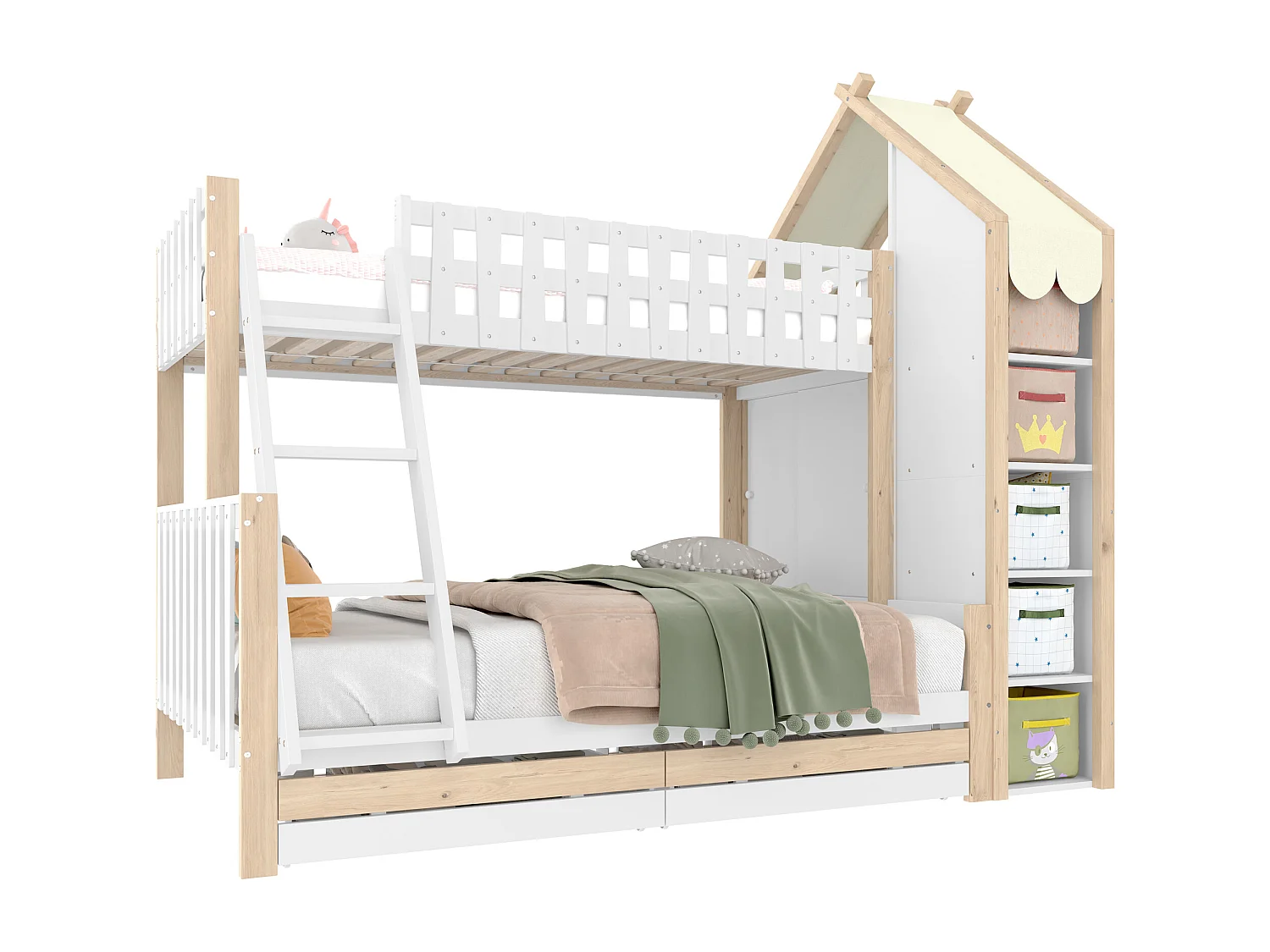 Lit superposés 90 x 200 cm + 140 x 200 cm - avec 2 tiroirs + étagère de rangement - bois - blanc + naturel