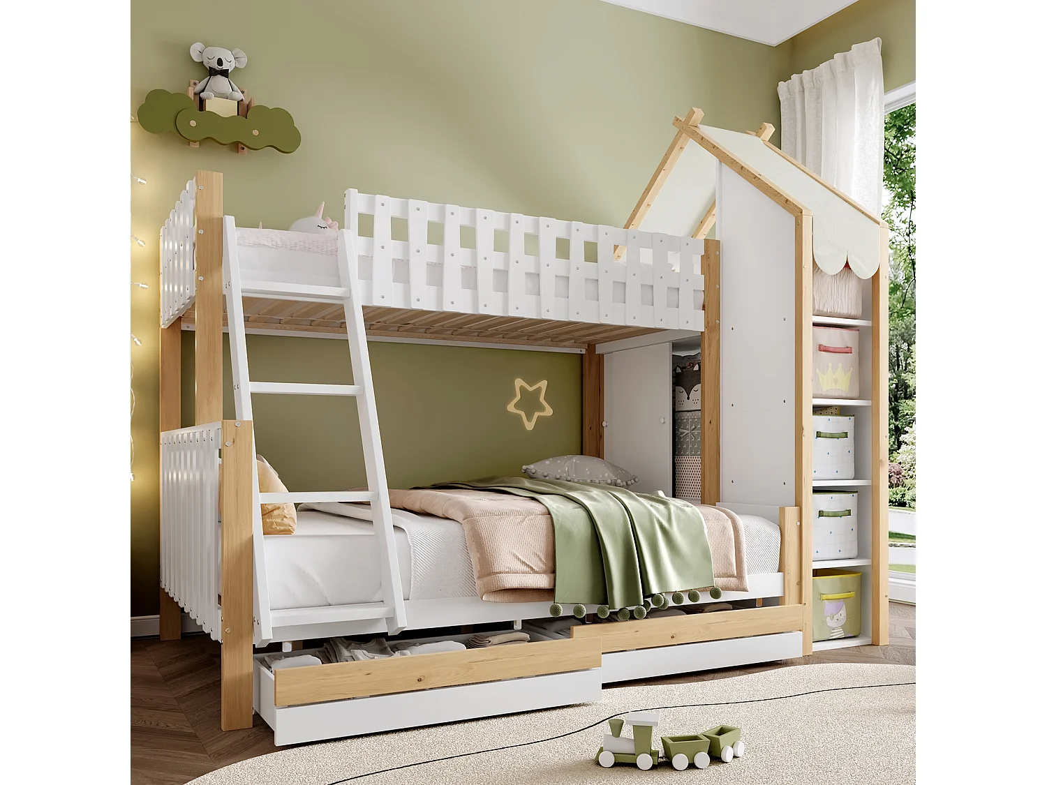 Lit superposés 90 x 200 cm + 140 x 200 cm - avec 2 tiroirs + étagère de rangement - bois - blanc + naturel