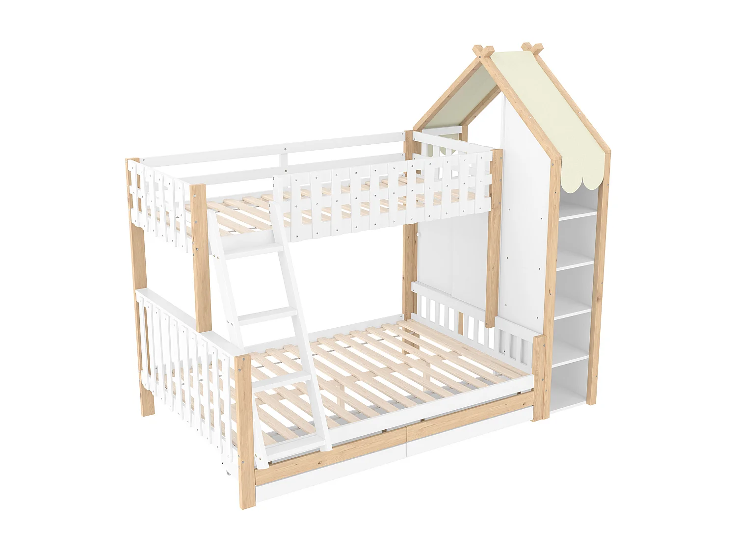 Lit superposés 90 x 200 cm + 140 x 200 cm - avec 2 tiroirs + étagère de rangement - bois - blanc + naturel