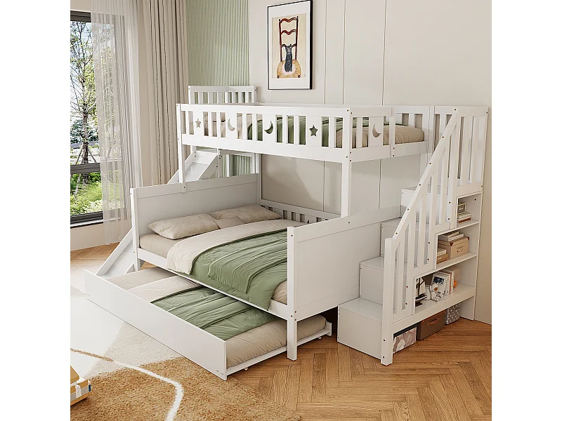 Lit superposés enfant90 x 200 cm + 140 x 200 cm - avec toboggan + escalier de rangement + lit gigogne - bois - blanc