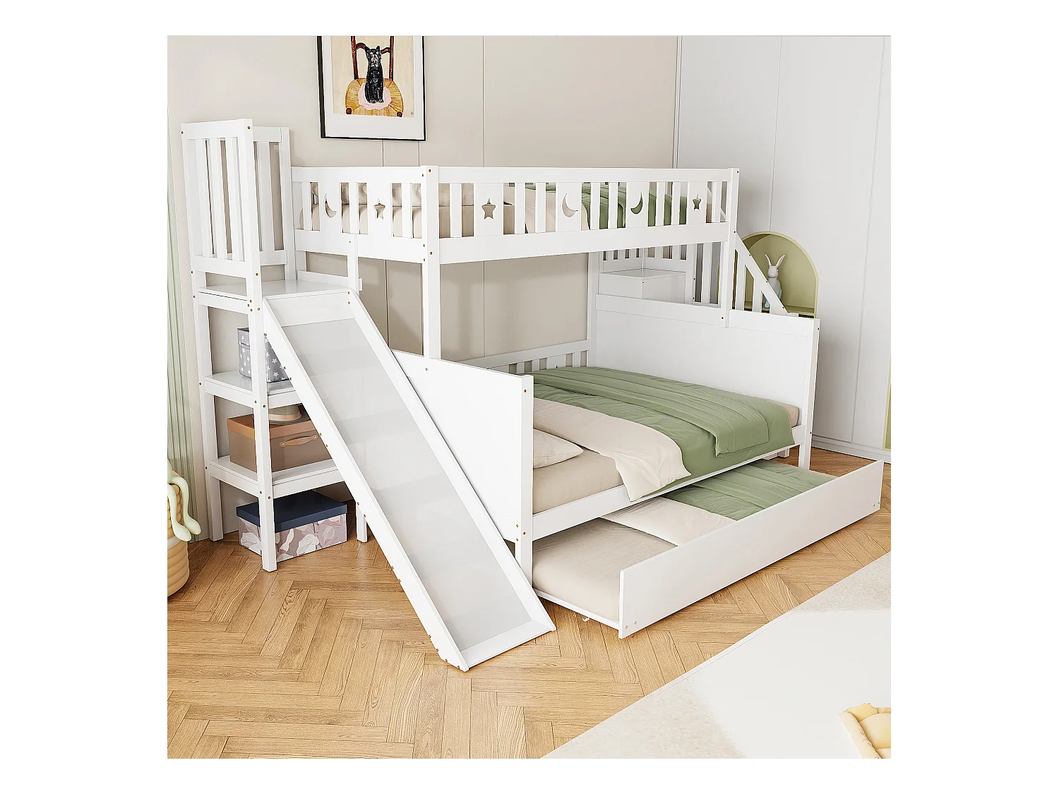 Lit superposés enfant90 x 200 cm + 140 x 200 cm - avec toboggan + escalier de rangement + lit gigogne - bois - blanc