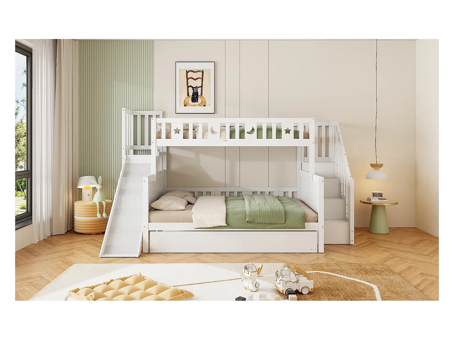 Lit superposés enfant90 x 200 cm + 140 x 200 cm - avec toboggan + escalier de rangement + lit gigogne - bois - blanc