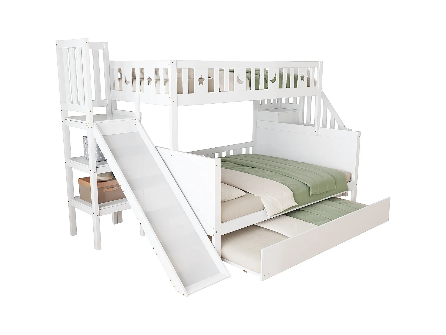 Lit superposés enfant90 x 200 cm + 140 x 200 cm - avec toboggan + escalier de rangement + lit gigogne - bois - blanc