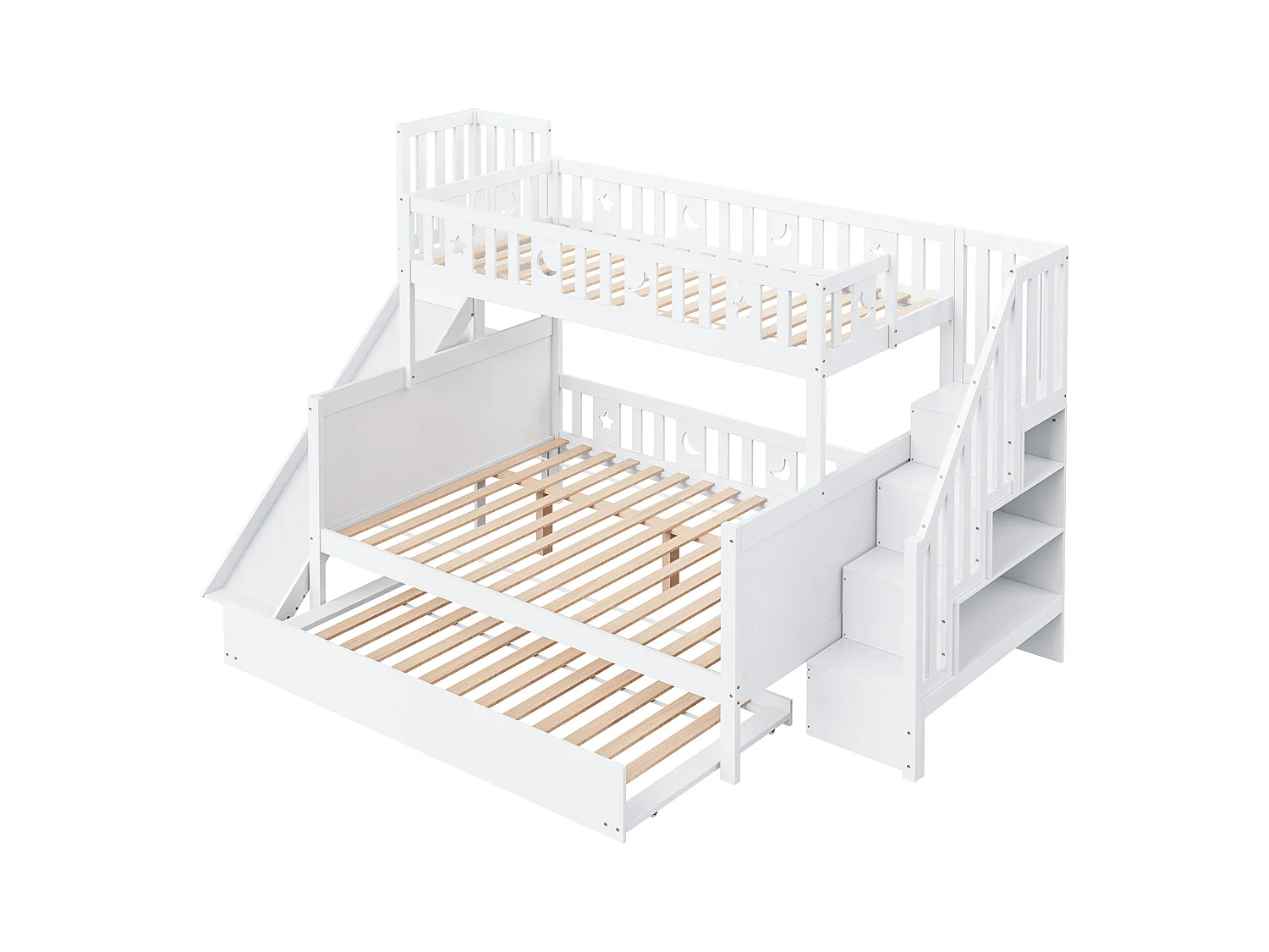 Lit superposés enfant90 x 200 cm + 140 x 200 cm - avec toboggan + escalier de rangement + lit gigogne - bois - blanc