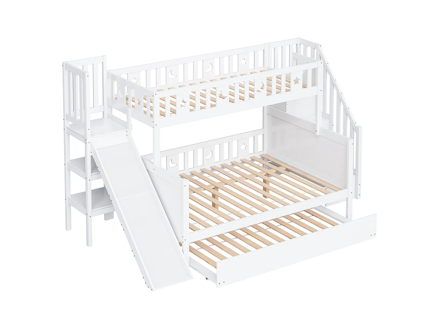 Lit superposés enfant90 x 200 cm + 140 x 200 cm - avec toboggan + escalier de rangement + lit gigogne - bois - blanc