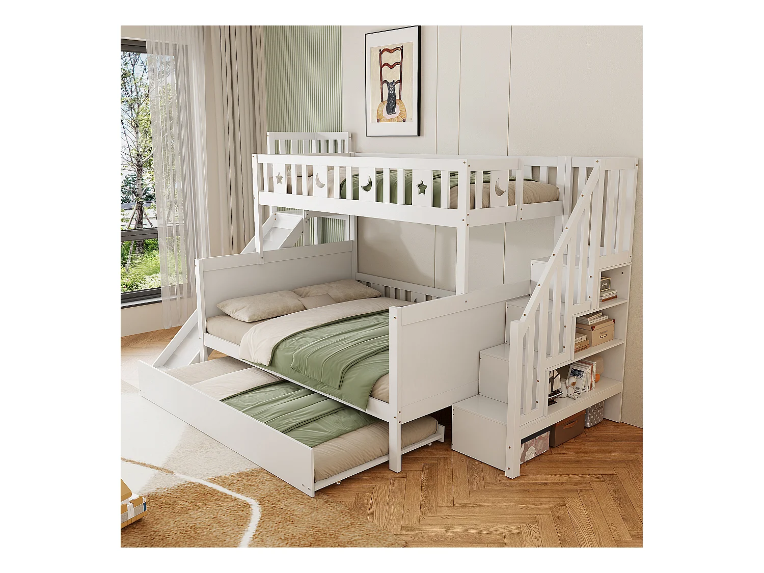 Lit superposés enfant90 x 200 cm + 140 x 200 cm - avec toboggan + escalier de rangement + lit gigogne - bois - blanc
