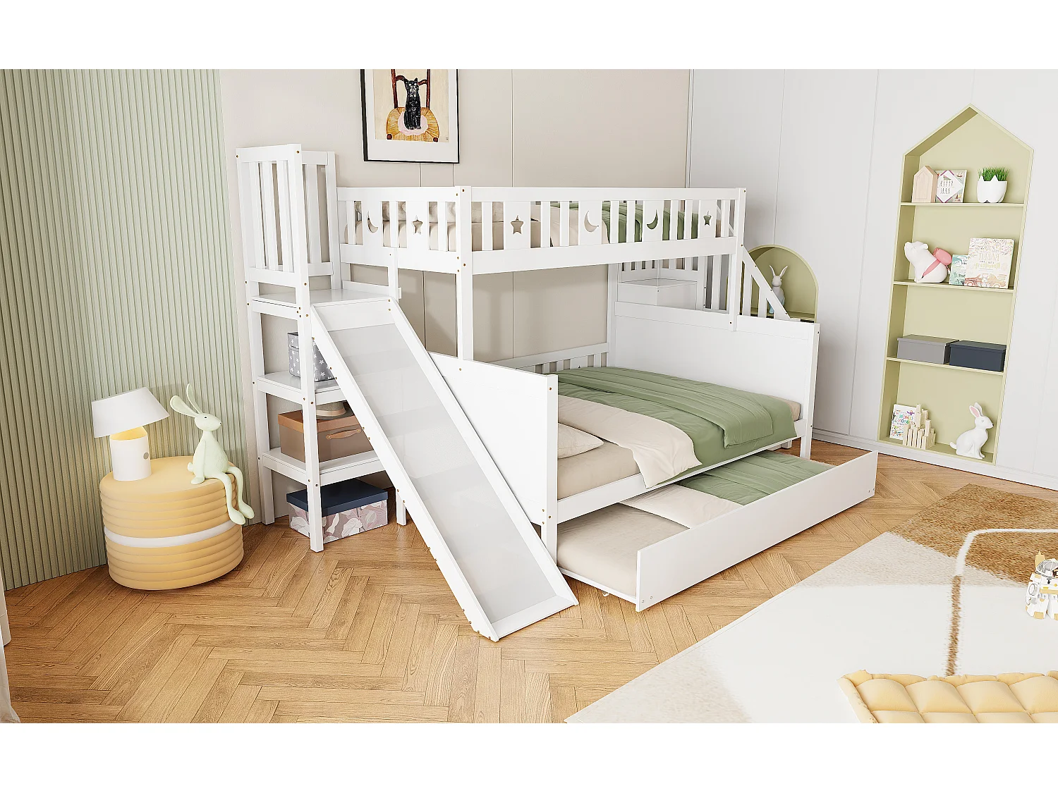Lit superposés enfant90 x 200 cm + 140 x 200 cm - avec toboggan + escalier de rangement + lit gigogne - bois - blanc