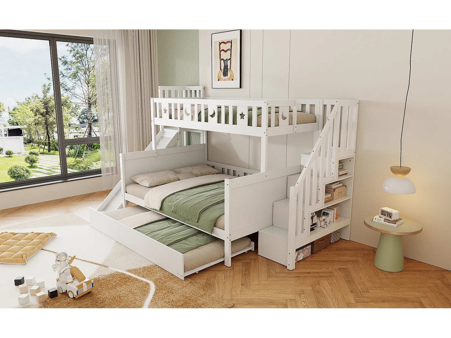 Lit superposés enfant90 x 200 cm + 140 x 200 cm - avec toboggan + escalier de rangement + lit gigogne - bois - blanc