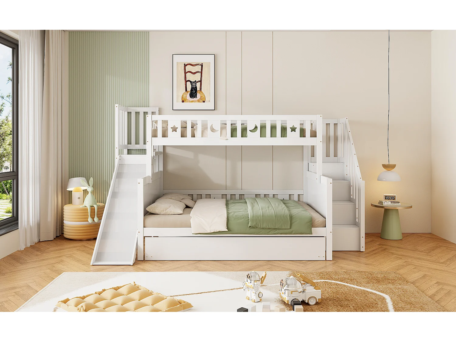 Lit superposés enfant90 x 200 cm + 140 x 200 cm - avec toboggan + escalier de rangement + lit gigogne - bois - blanc