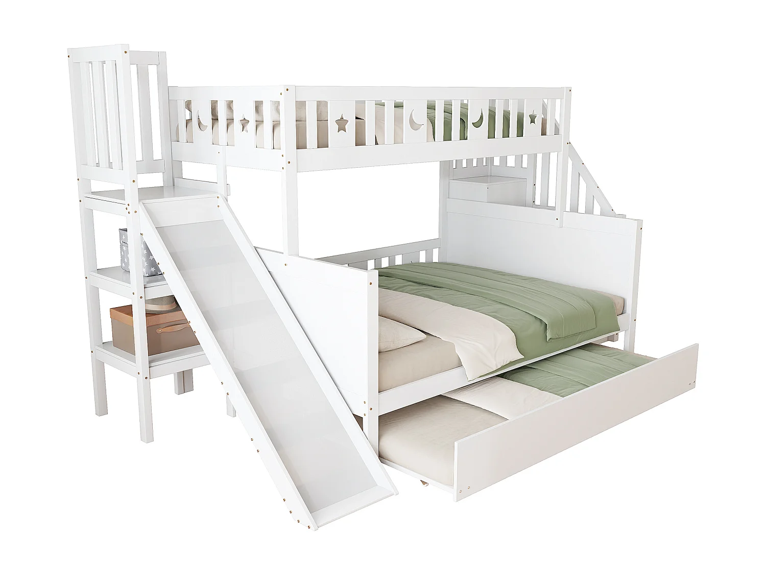 Lit superposés enfant90 x 200 cm + 140 x 200 cm - avec toboggan + escalier de rangement + lit gigogne - bois - blanc