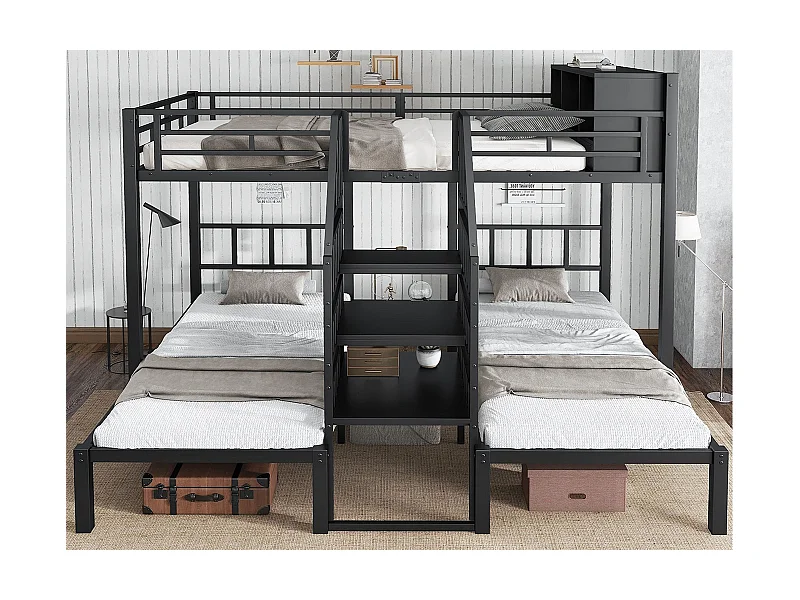 Etagenbett 90x200 cm + 140x200 cm - 3 Schlafplätze - mit Stauraum - Treppe mit Sicherheitsgeländer - schwarz