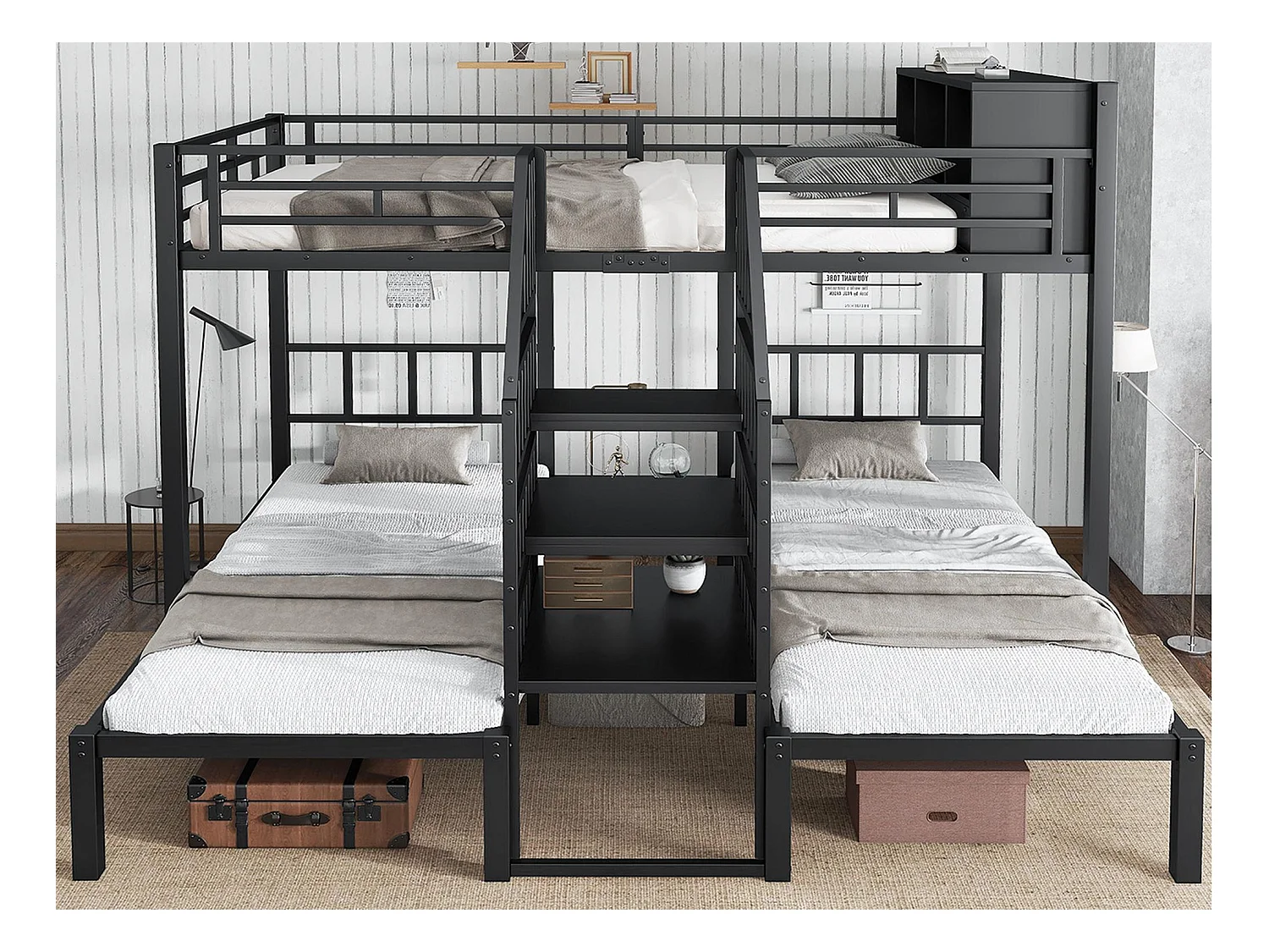 Etagenbett 90x200 cm + 140x200 cm - 3 Schlafplätze - mit Stauraum - Treppe mit Sicherheitsgeländer - schwarz