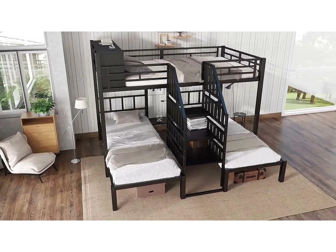 Lit superposé 90x200cm + 140x200cm - 3 couchages - avec espace de rangement - escaliers avec rampes de sécurité - noir